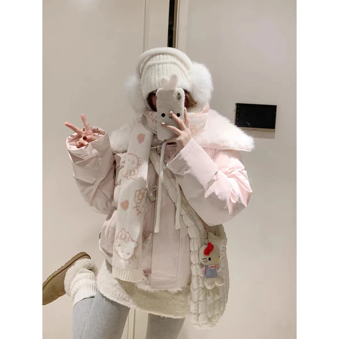 H2AN1 STUDIO海军领羊羔毛拼接羽绒服白鸭绒秋冬季牛角扣外套女款