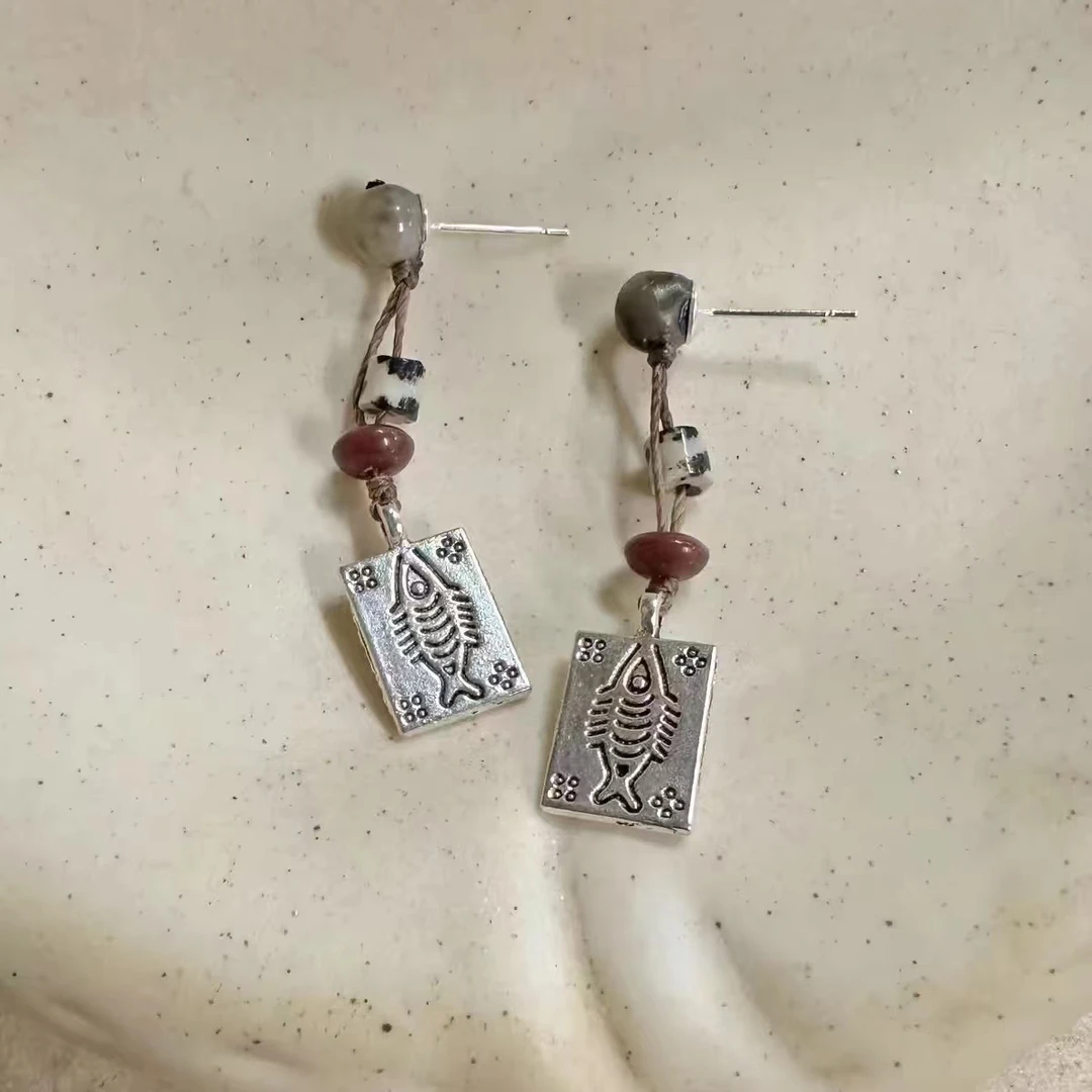 合金亚克力耳饰 小众配饰耳环轻奢方牌汉服耳钉天然石古风旗袍女