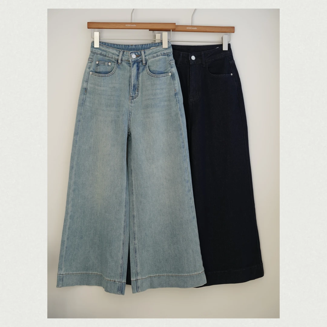 两色宽松高腰水洗十分牛仔裤