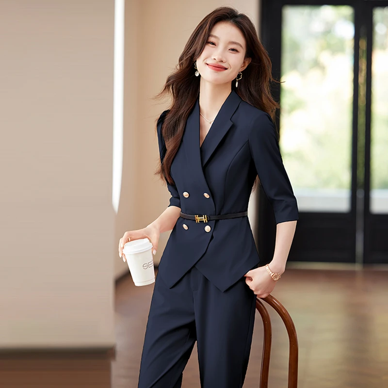 深蓝色西装女士夏季薄款2025新款小个子高端前台职业西服休闲外套