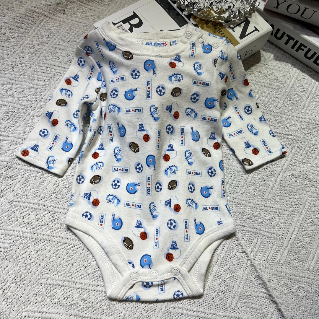 外贸童装库存尾货春秋宝宝长袖婴幼儿童印花三角包屁哈衣爬服实拍