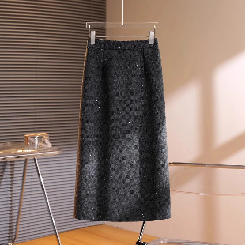 高级灰毛呢包臀裙女春秋季2025年新款小个子呢子显瘦a字直筒裙子