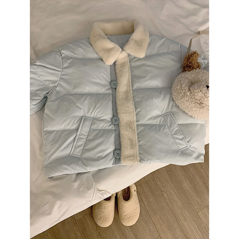 冬季新款蓝色拼接羊羔毛翻领袖口棉衣加厚宽松百搭保暖棉服外套女