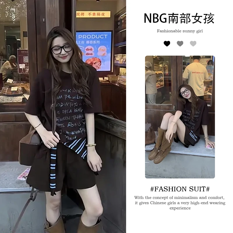 女生韩系ins衣服秋季2025新款字母印花修显短袖T恤短裤热裤靴裤