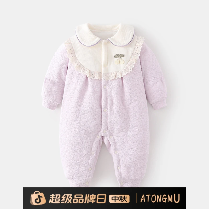 婴儿120克加棉连体衣女宝夹棉秋冬无骨对开哈衣翻领加厚女童爬服