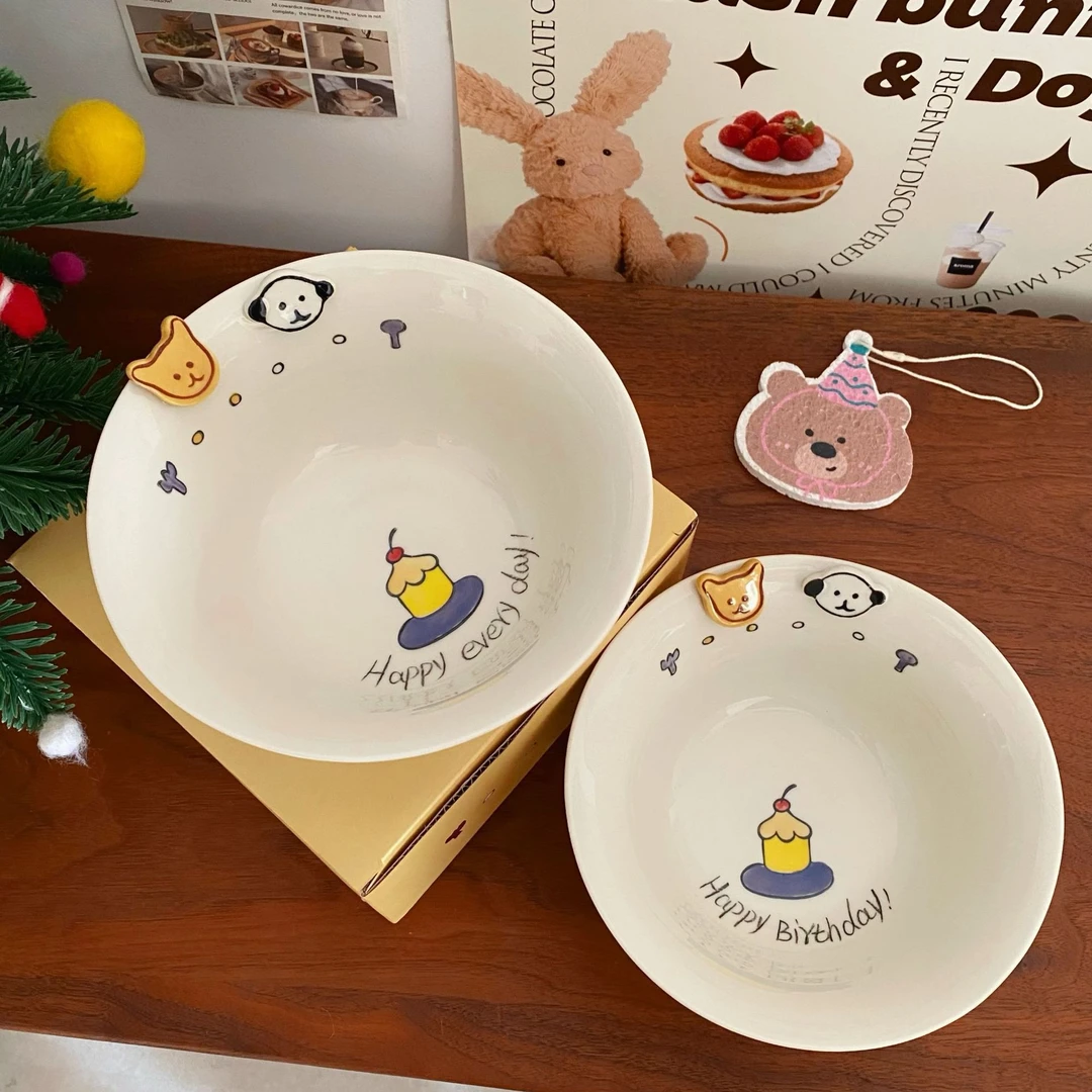 ins纽扣小狗陶瓷面碗新款家用米饭碗沙拉碗酸奶碗生日礼物礼盒装