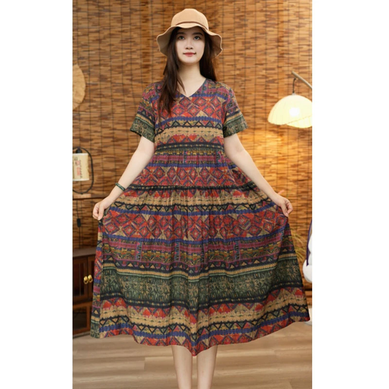 2025夏季新款复古中长款气质提花短袖提花宽松V领棉麻文艺长裙A19