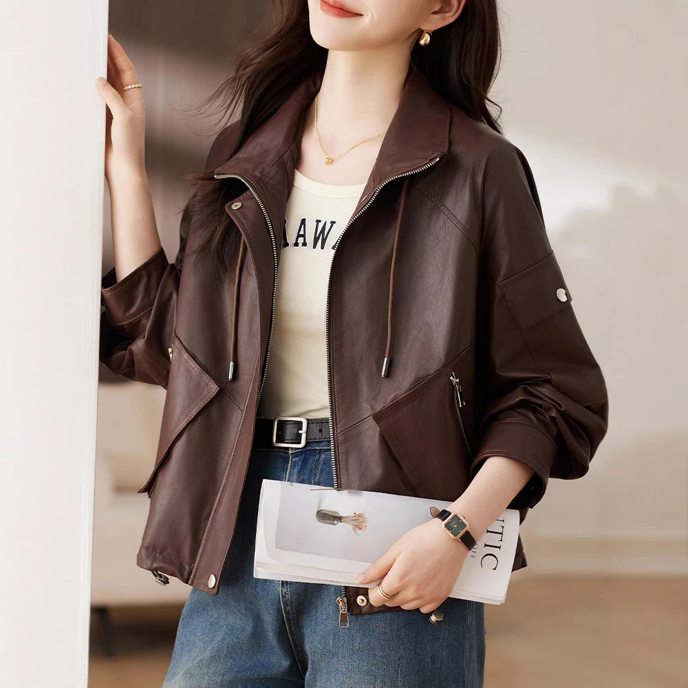 海宁真皮皮衣啄木女2025春秋新款绵羊皮夹克宽松时尚短外套小个子