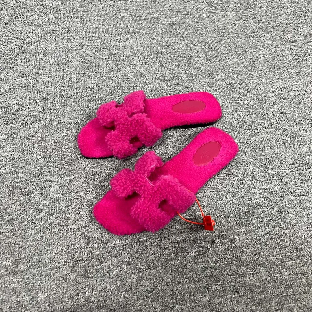 95新 Hermes/爱马仕 H字母 玫红色 泰迪拖鞋 38码