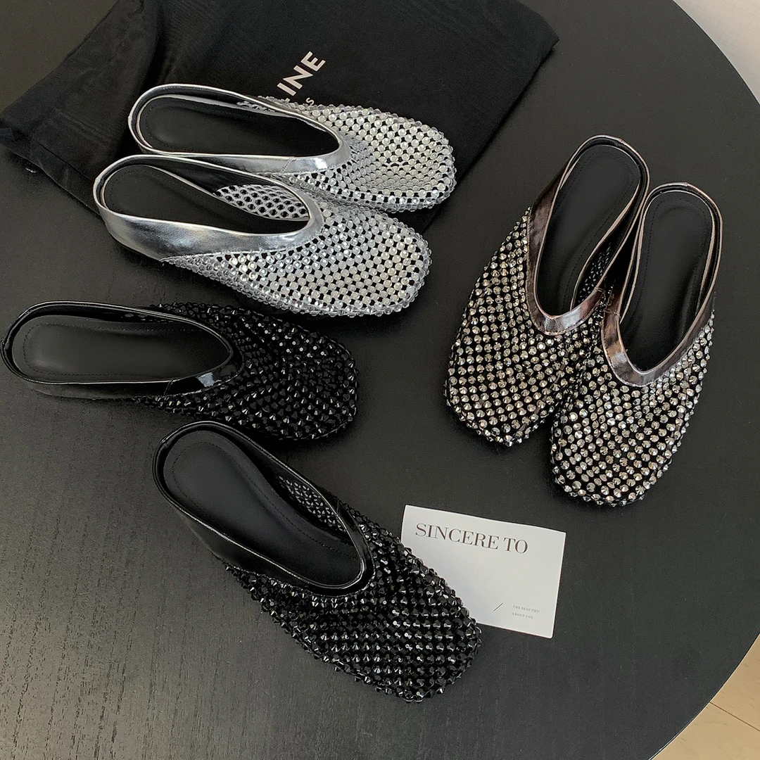 Sheriley77小众百搭带钻包头凉拖闪闪舒适低跟拖鞋夏季懒人拖