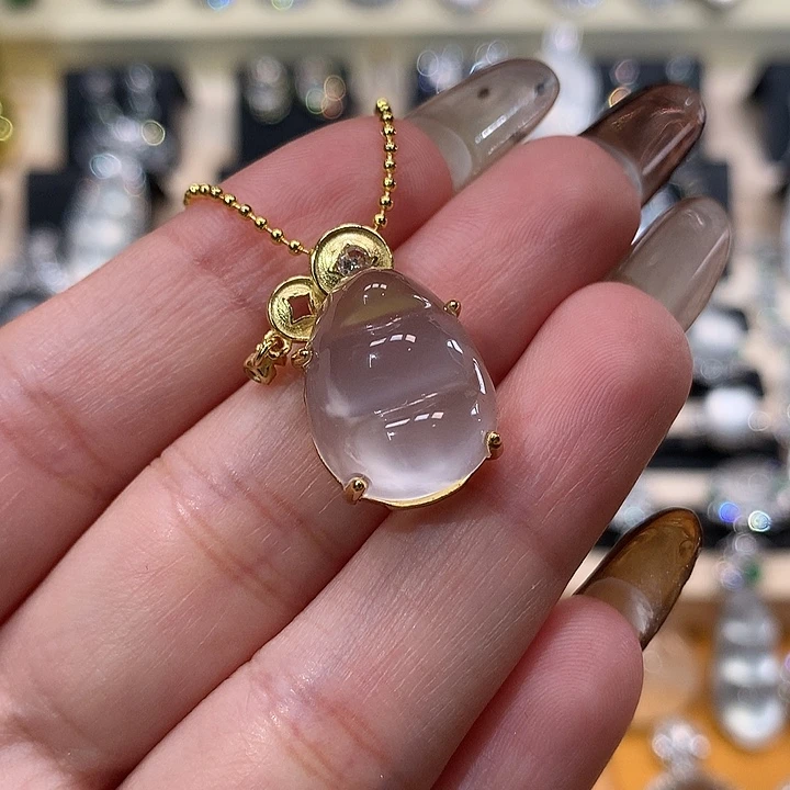 石英质玉银S925镶嵌吊坠(赠链)黑钢高品质福豆吊坠