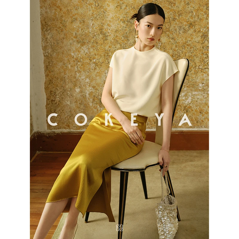 COKEYA/东欧长丝VISCOSE丝光锤纹醋酸包臀半裙EN2205314