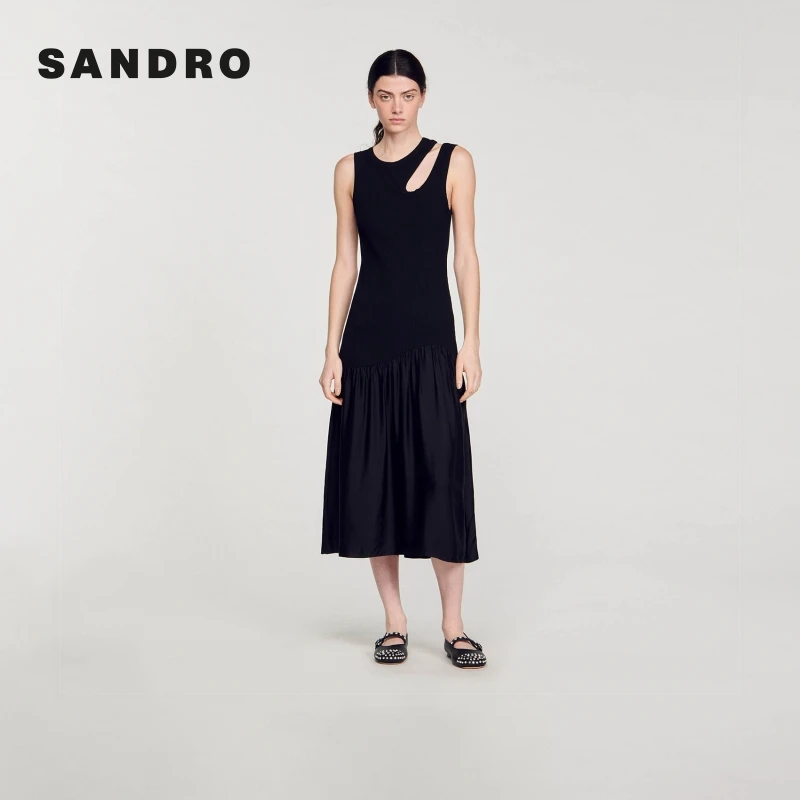 暖系穿搭|SANDRO新款女装镂空黑色优雅长款连衣裙SFPRO03036