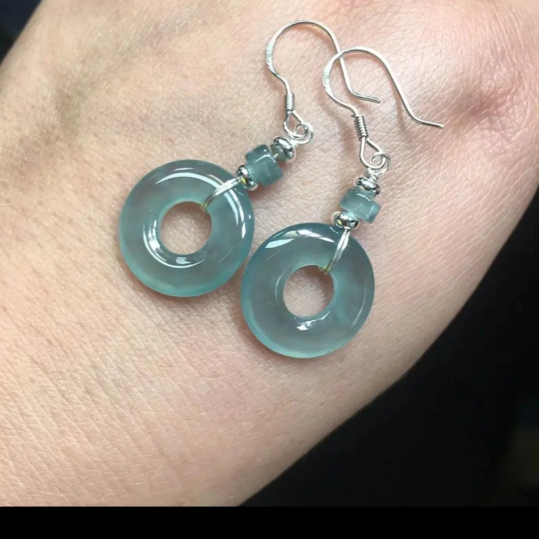 天然A货天空蓝水翡翠平安扣925银镶时尚百搭耳坠潮流精致素款