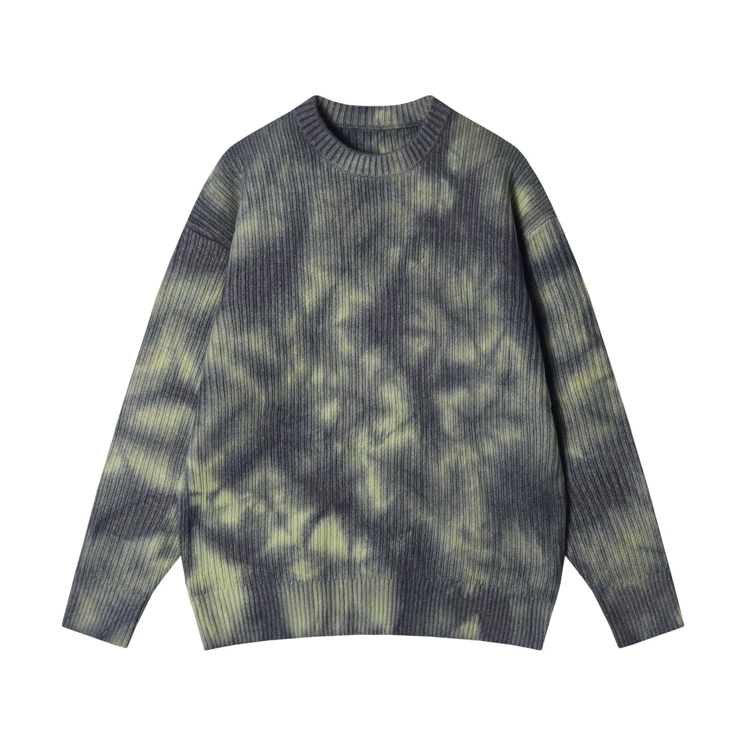秋冬季新款时尚个性美式扎染晕染圆领毛衣百搭简约舒适套头针织衫