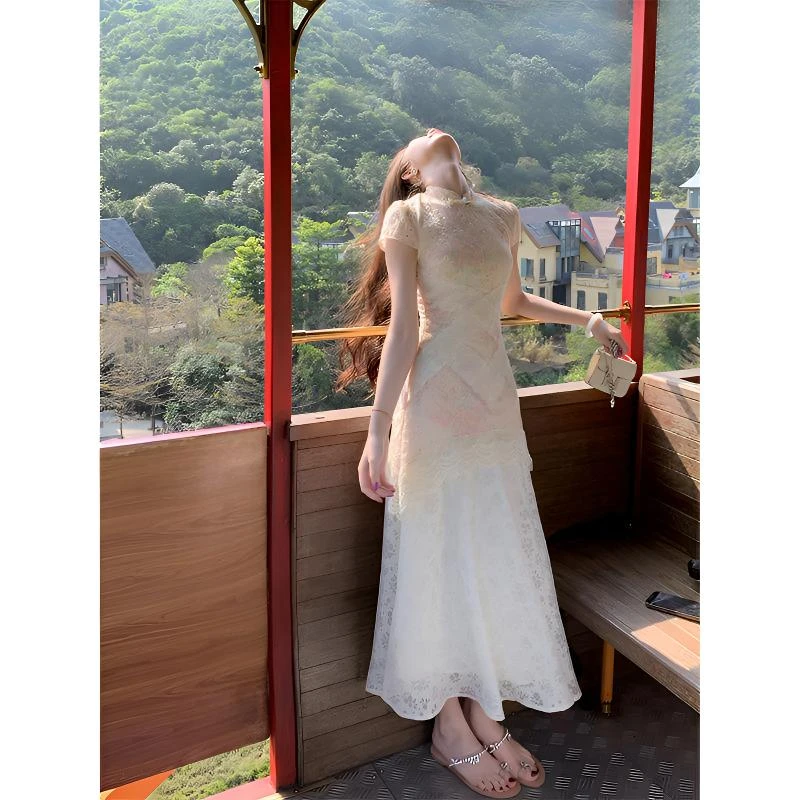 凌茜【月华绣影】新中式假两件印花改良旗袍春夏蕾丝拼接镂空旗袍裙