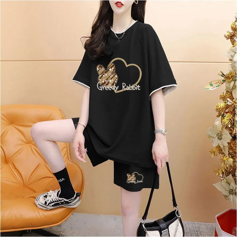 短袖短裤两件套女夏季新款胖大码宽松百搭时尚休闲运动套装