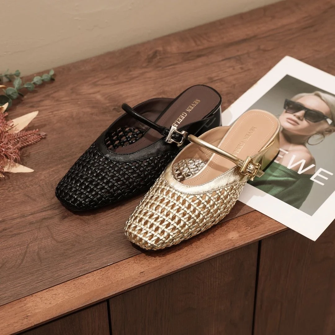 夏季新款极简风编织包头拖爆款粗跟高跟外穿镂空软底真皮凉拖鞋女