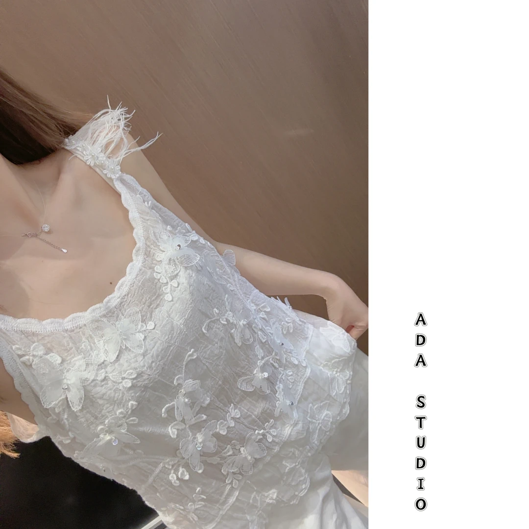 Ada定制【自制吊带】原创设计重工皱感花鸵鸟毛装饰吊带夏装新款