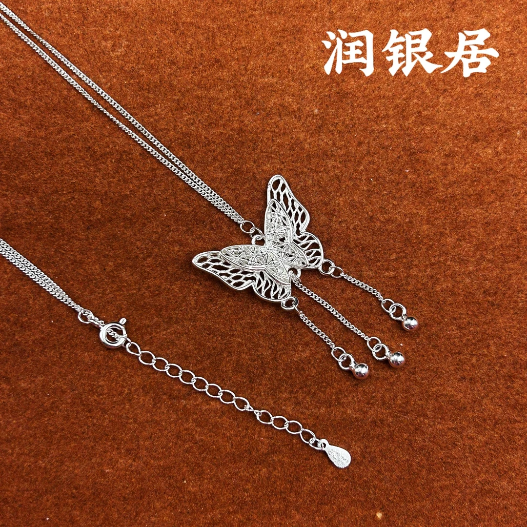 坠链均足银 润银居足银坠链999双层蝴蝶花丝工艺坠链民族风素款