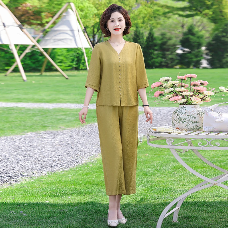 中老年女装夏季冰丝麻大码套装中袖九分裤妈妈装洋气开衫两件套薄