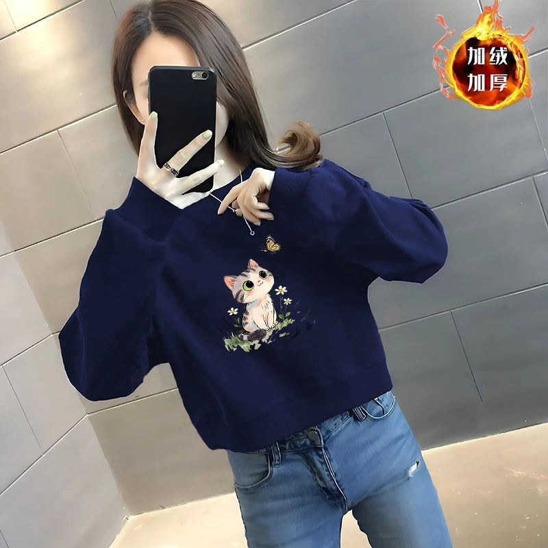 华棉短款圆领卫衣加绒/不加绒2025春秋新款小众印花女士大码外套