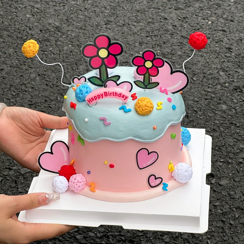 网红ins亚克力蛋糕装饰摆件卡通小花二次元生日快乐拱形蜡烛装扮