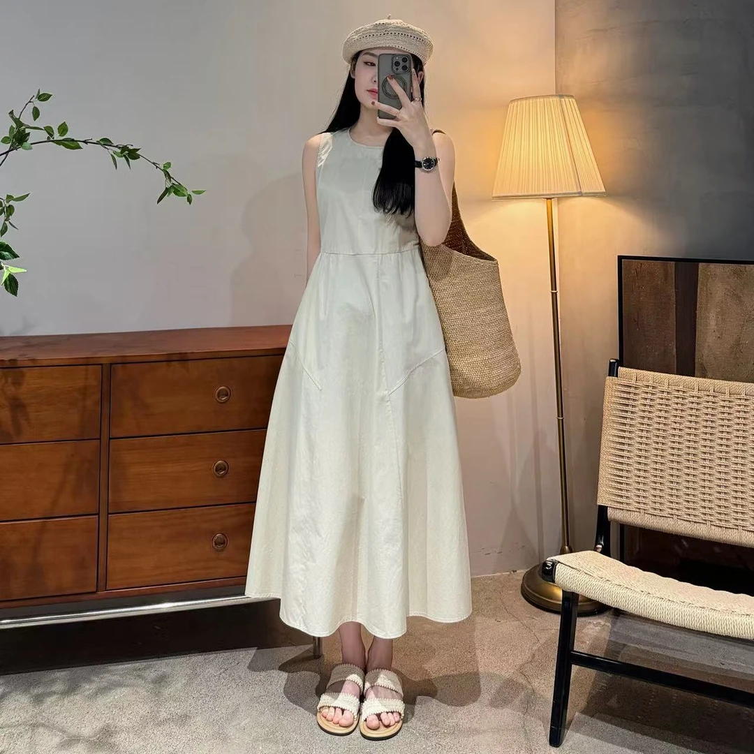韩系休闲时尚气质简约爆款宽松圆领纯色无袖连衣裙-J25218302