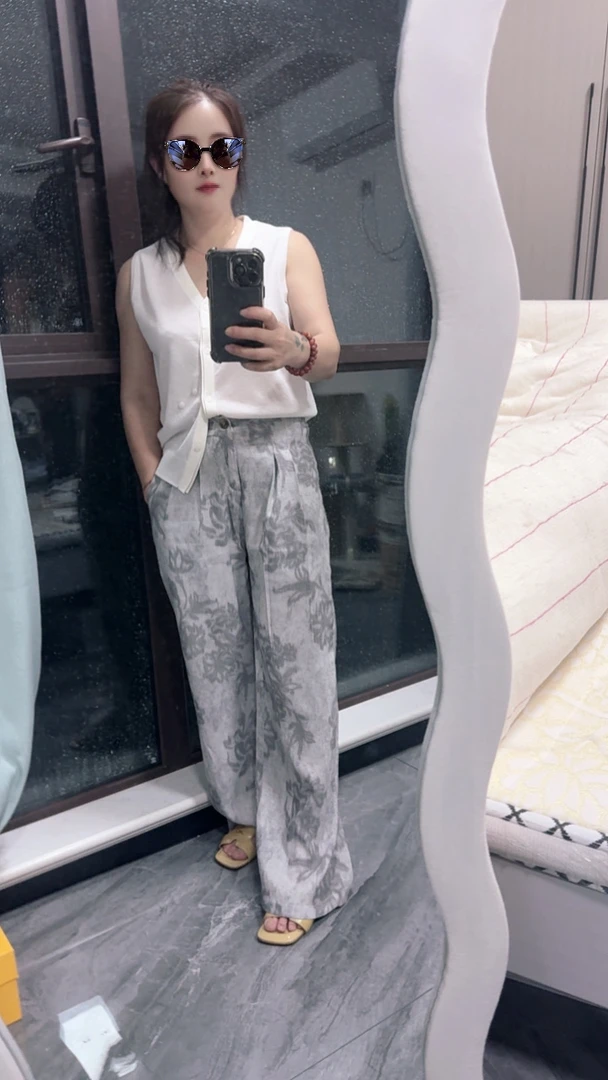 法式复古冰丝慵懒印花阔腿裤女薄款高腰宽松垂坠感遮肉显瘦休闲裤