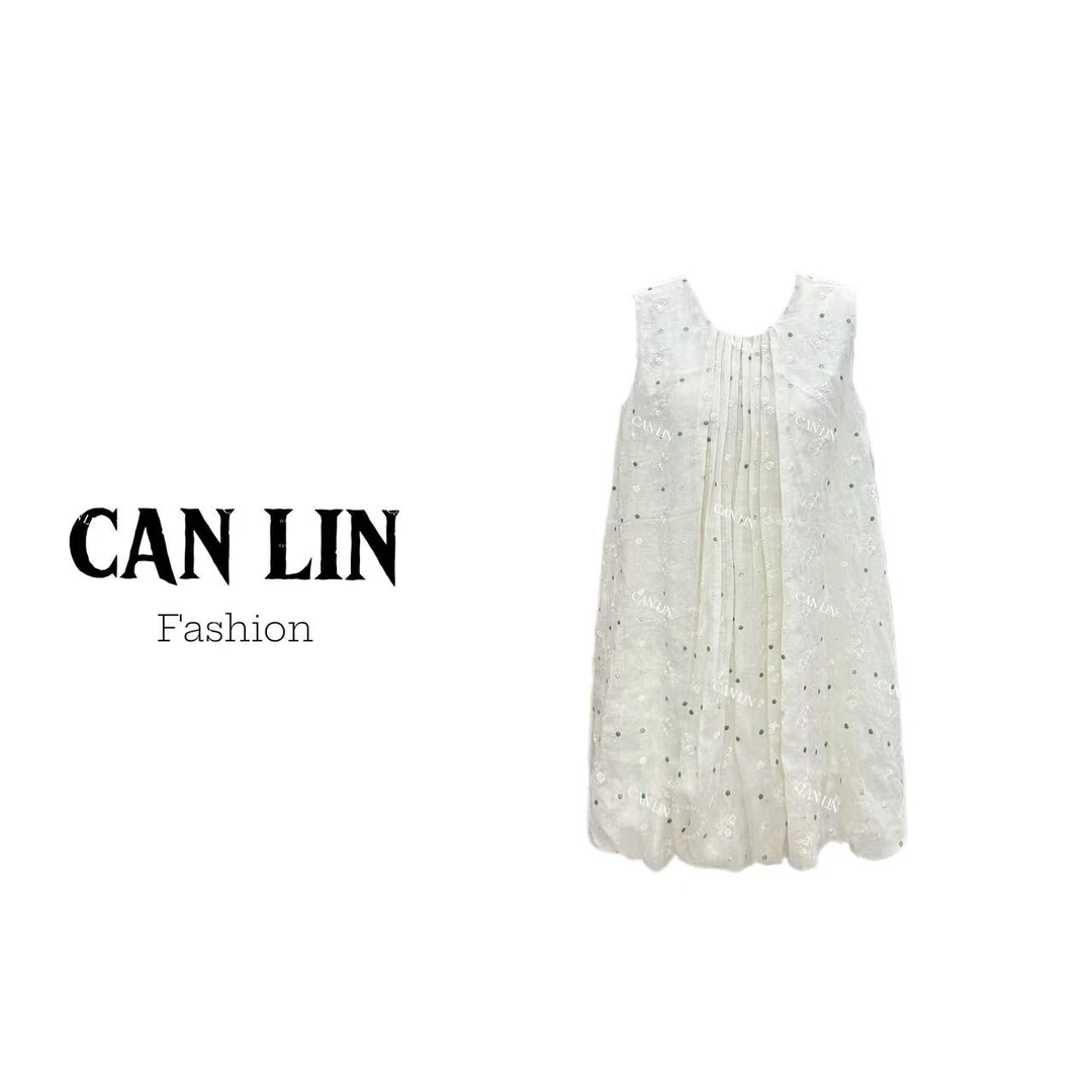 2025年夏季新款小清新重工碎花刺绣无袖苎麻连衣裙花苞裙摆百搭女