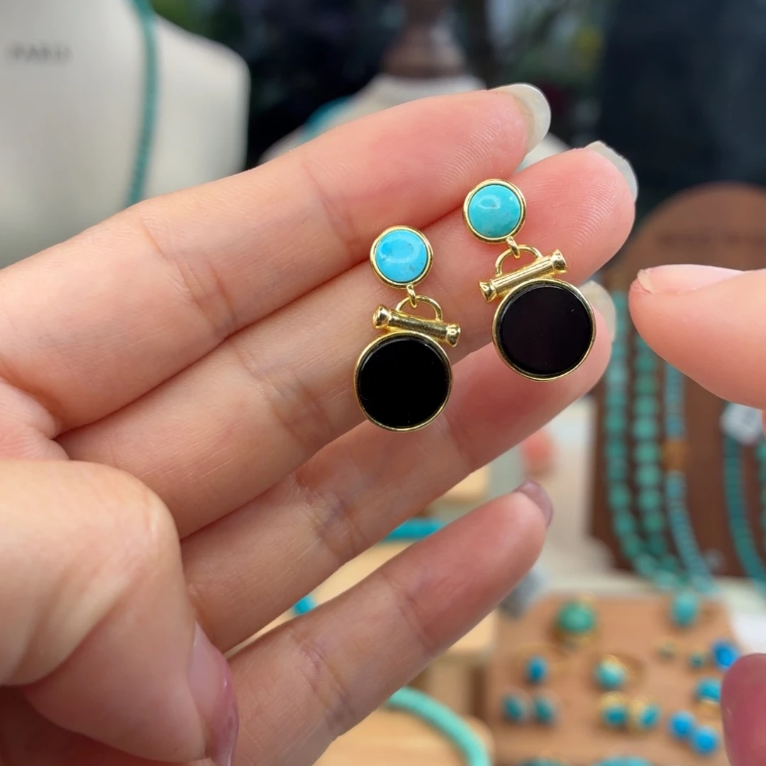 绿松石银S925镀金镶嵌耳饰