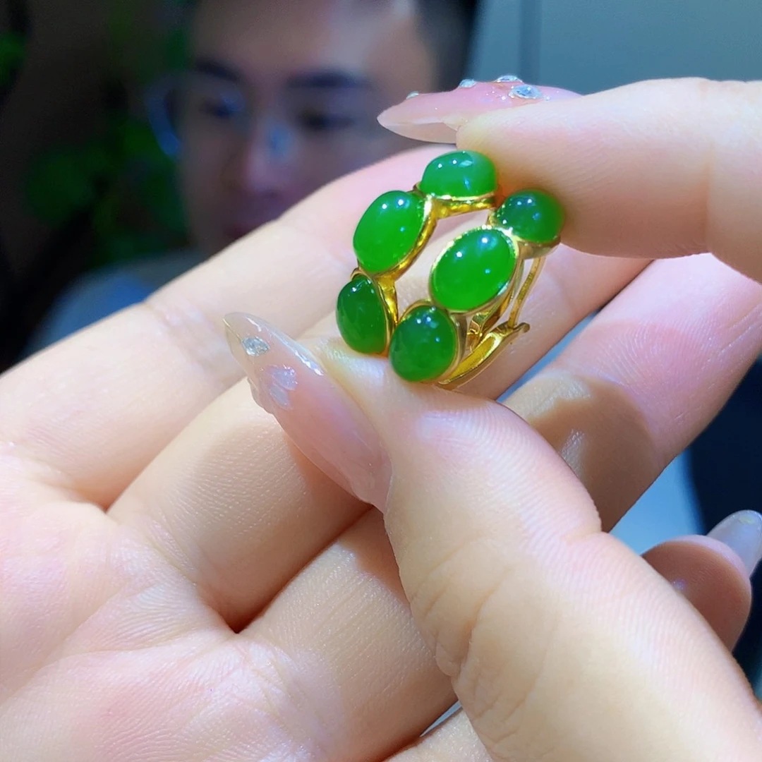 银S925镀金镶嵌和田玉（碧玉）耳饰