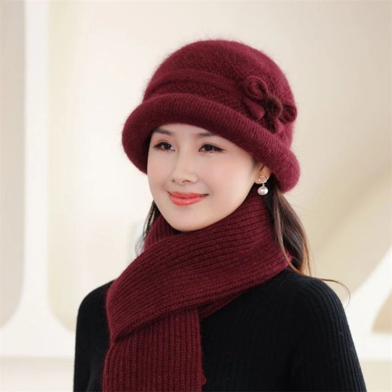 加厚兔毛针织毛线帽女秋冬中老年奶奶妈妈百搭洋气护耳盆帽