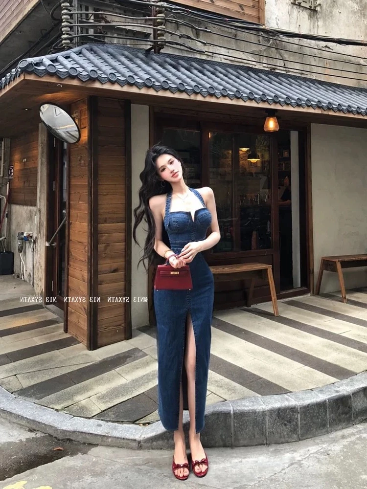 气质复古蓝色牛仔收腰显身材开衩吊带连衣裙D25Q1925