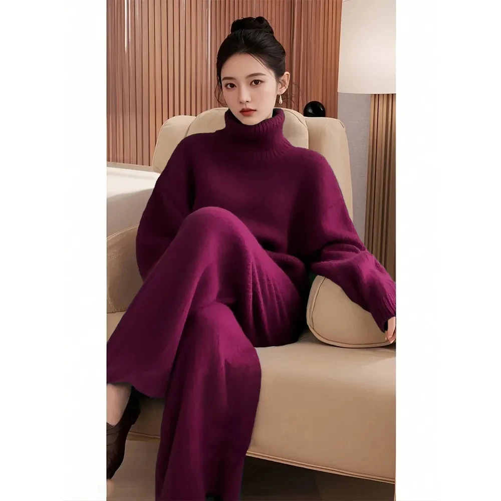 过年紫红色小香风针织套装女冬季2024新款本命年高领毛衣两件套套