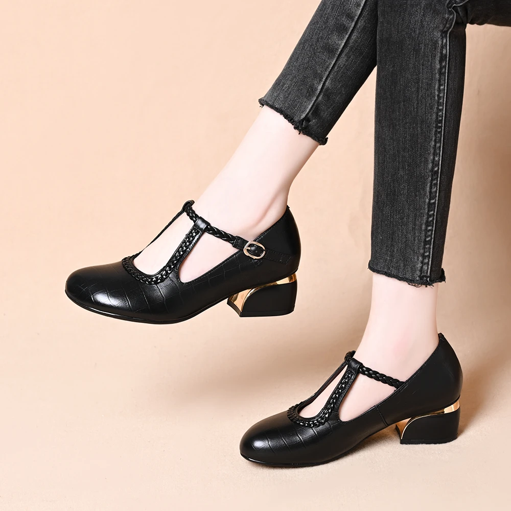 头层牛皮法式圆头编织石头文粗跟浅口一字带复古时尚百搭软底单鞋