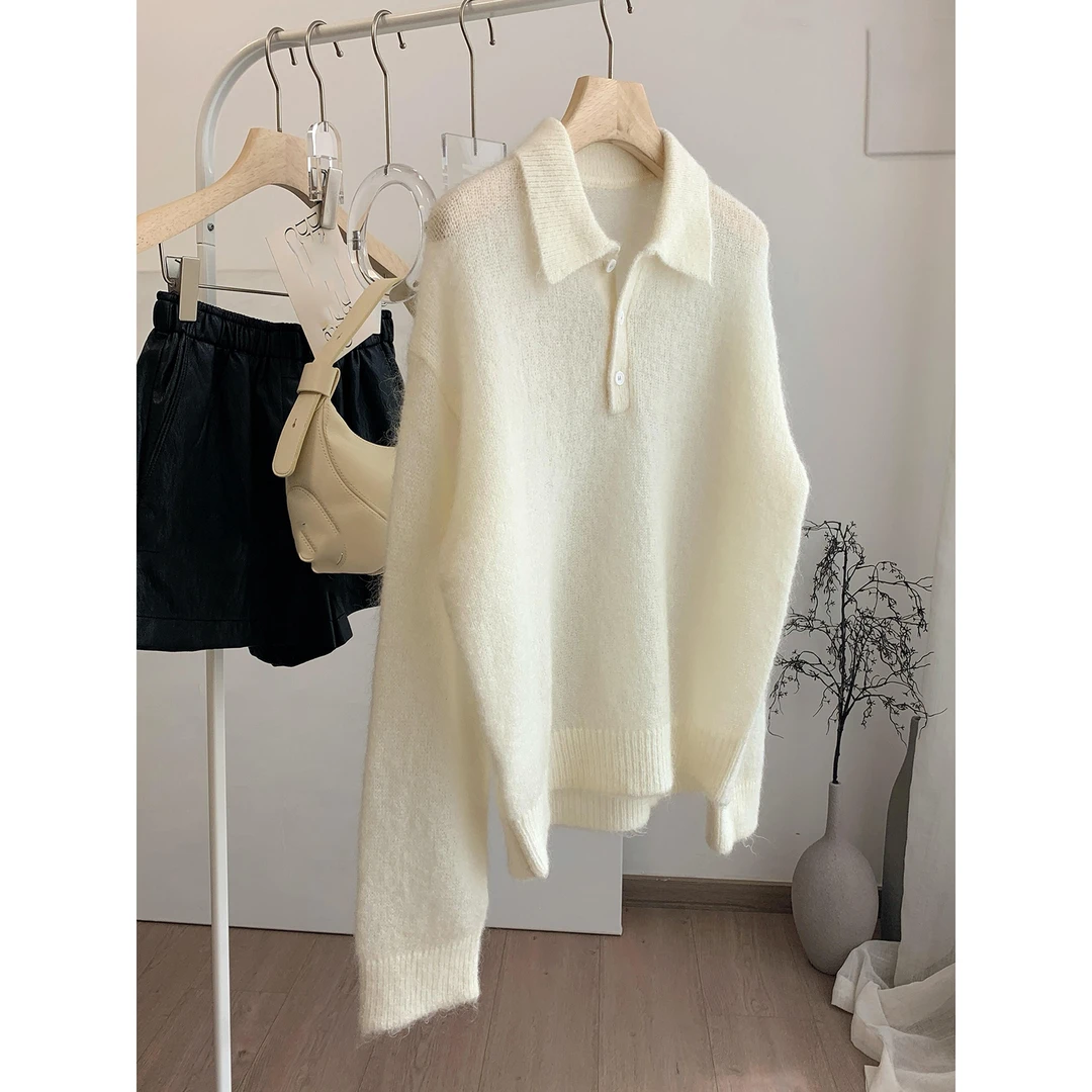 气质好的想转圈圈！白色针织衫女宽松慵懒感翻领百搭气质显瘦上衣