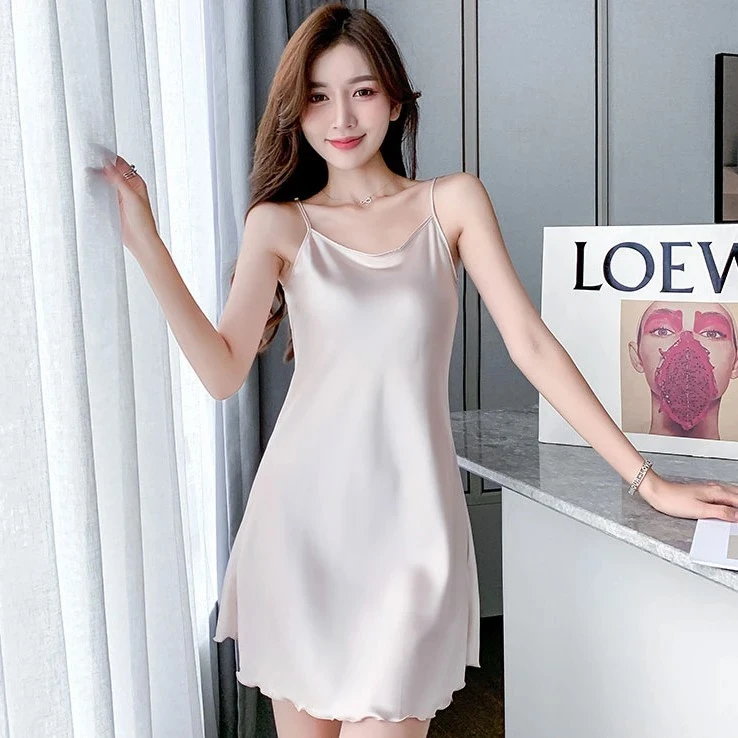 夏季女士薄款冰丝吊带睡裙仿真丝绸睡衣性感纯欲风轻奢气质家居服