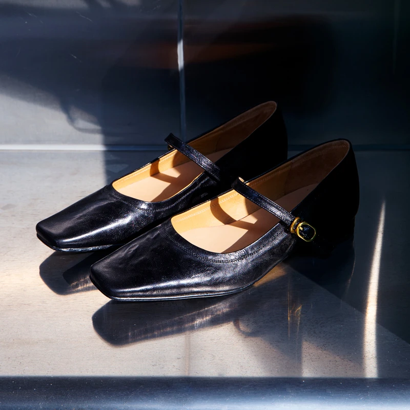 【邓老师】/2.2cm跟高/法式复古春季单鞋方头真皮一字扣带浅口鞋