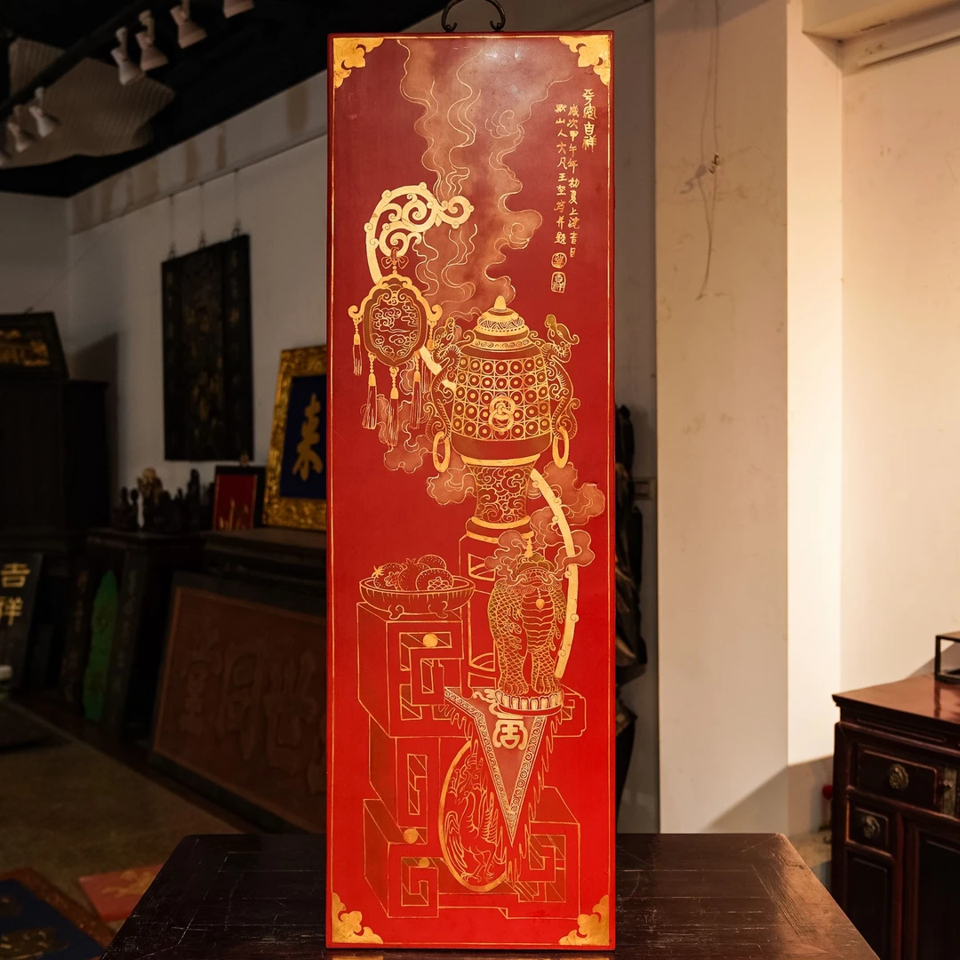 描金漆画四季平安图中堂挂屏装饰精美绝伦艺术