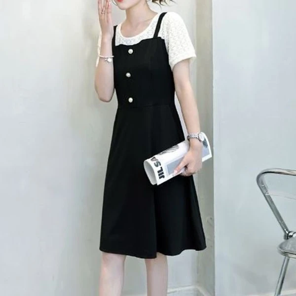 大码女装连衣裙小个子假两件A字裙夏季法式赫本风显瘦拼接小黑裙