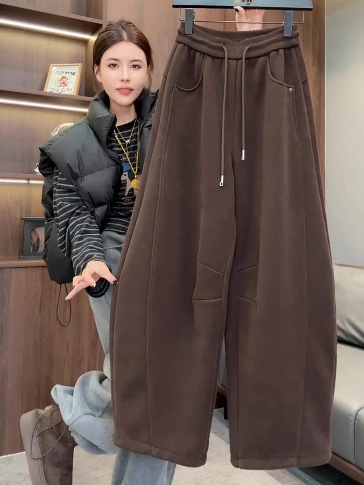 秋冬韩系松紧腰抽绳阔腿裤女宽松休闲保暖加厚弯刀卫裤通勤风裤子