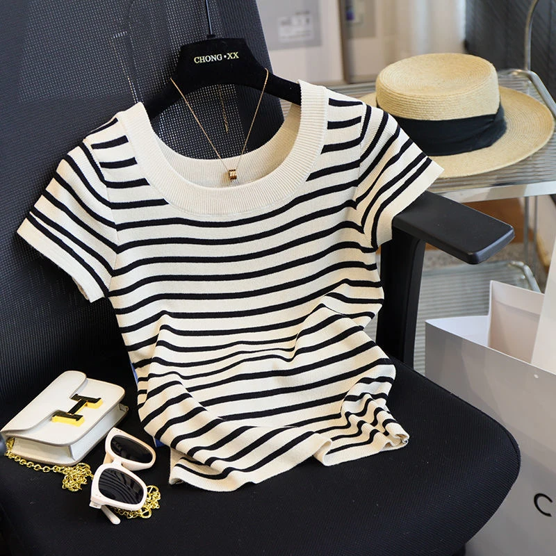 胖MM大码女装夏季简约正肩短袖冰丝大圆领修身百搭针织衫T恤上衣