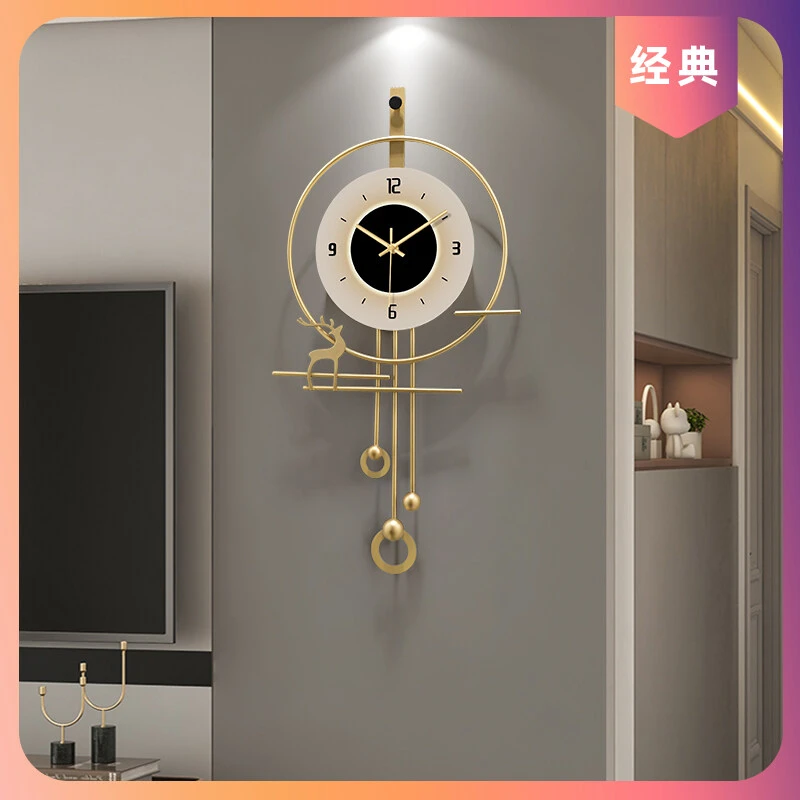客厅设计网红现代挂钟背景墙挂墙大气轻奢时钟格栅时钟静音客餐厅
