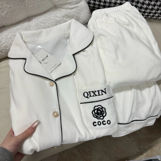 琦欣家白茶德绒长袖白色薄款时尚家居服套装女