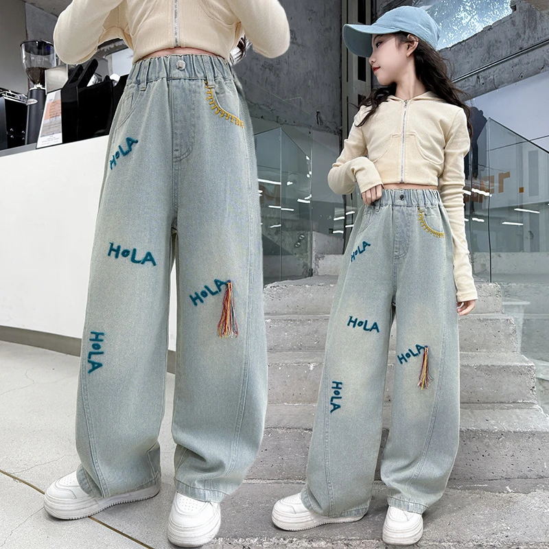 女童春季设计感阔腿牛仔裤2025春秋款新款洋气7-15岁爆款直筒裤潮