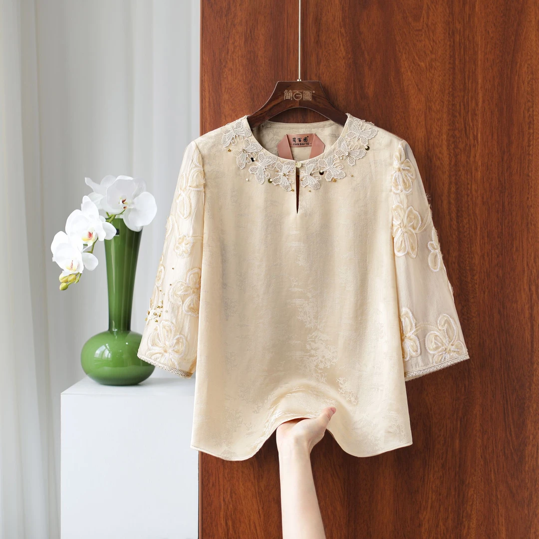 2025夏季新品提花新中式盘扣提花衬衫上衣中式宽松复古绣花衬衫