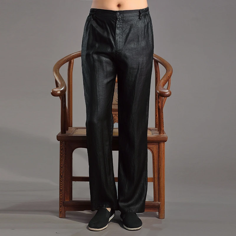 春夏新款真丝龟纹香云纱莨绸男装裤子中老年休闲西裤桑蚕丝男长裤