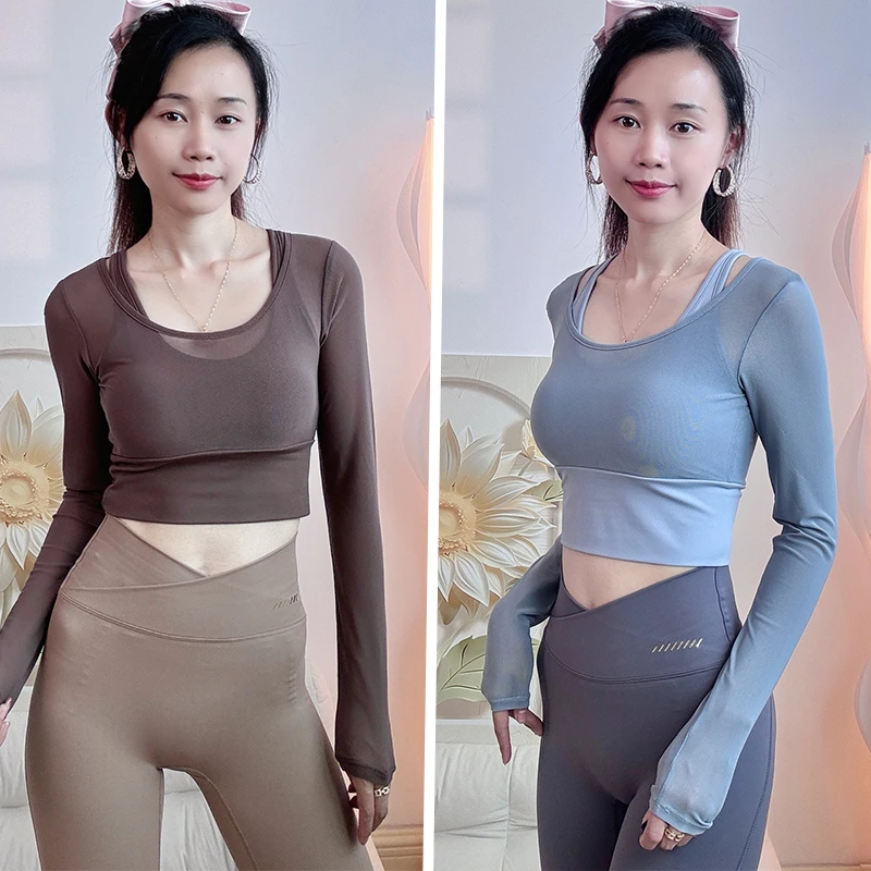 普拉提训练服带胸垫跑步专业运动上衣健身房瑜伽服女秋冬长袖速干