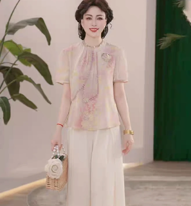 新中式2025夏季新款月影纱舒适柔软型中老年气质短袖